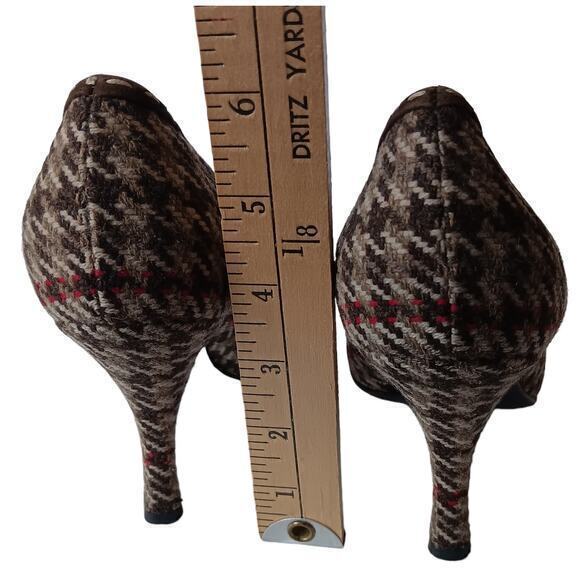PRADA Houndstooth Fabric Heels Pumps Shoes Size 37.5 Peep Toe Brown Red Wool - Picture 4 of 11
